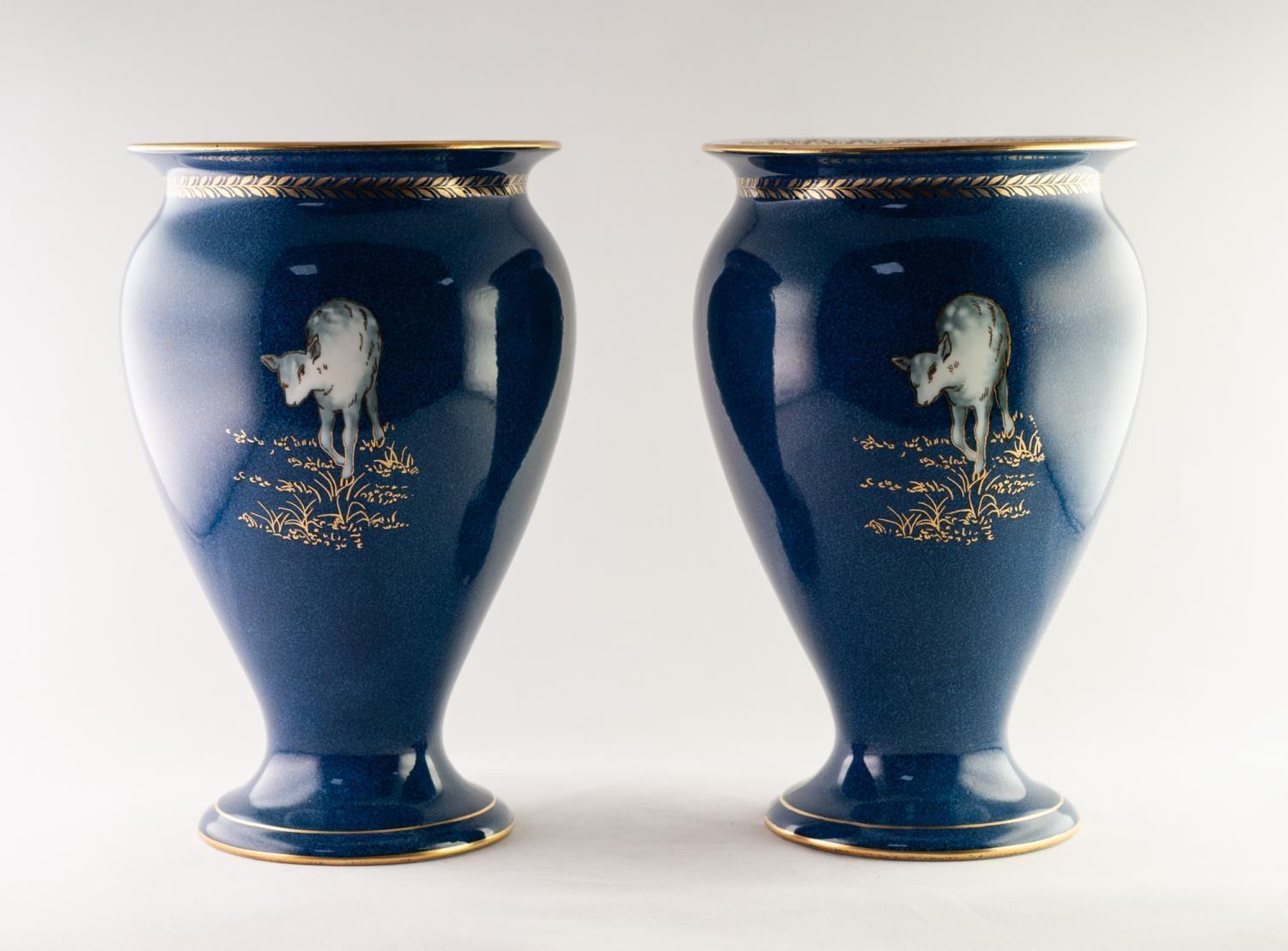 DAISY MAEKIG JONES FOR WEDGWWOD, PAIR OF CHINA VASES, decorated with three fawns, outlined in gilt - Image 2 of 3