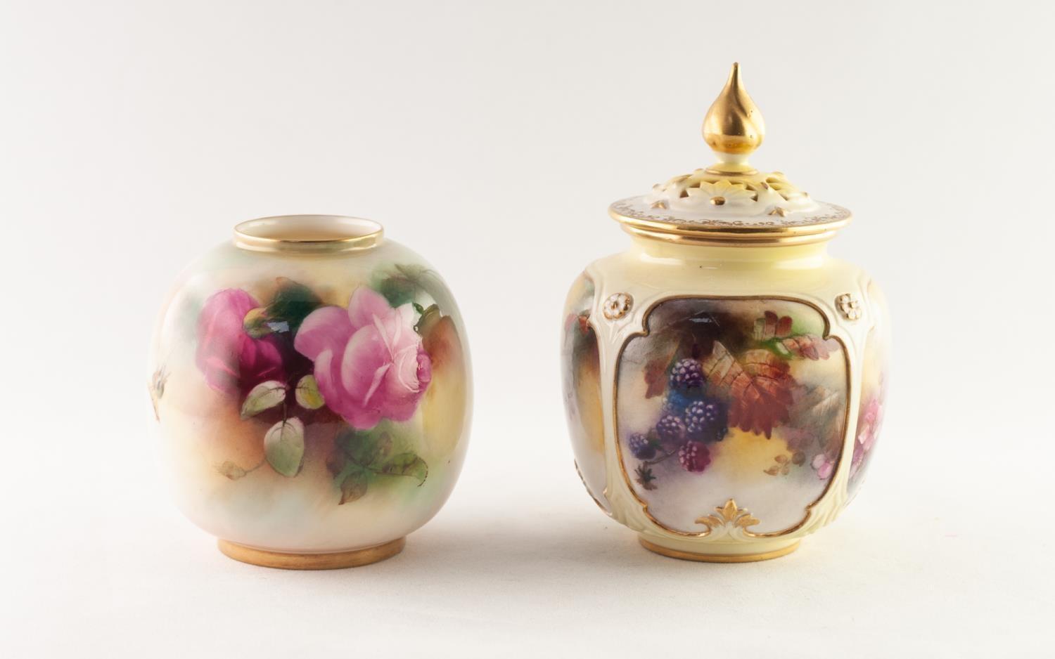 ROYAL WORCESTER ?HADLEY WARE? HAND PAINTED PORCELAIN POT POURRI VASE AND COVER, of footed ovoid form