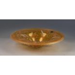 MIDSUMMER IRIDESCENT GLASS BOWL, of shallow, flared form, speckled in white and pink on an amber