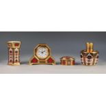 FOUR PIECES OF MODERN ROYAL CROWN DERBY ?OLD IMARI? CHINA, comprising: MANTLE CLOCK, HEXAGONAL VASE,