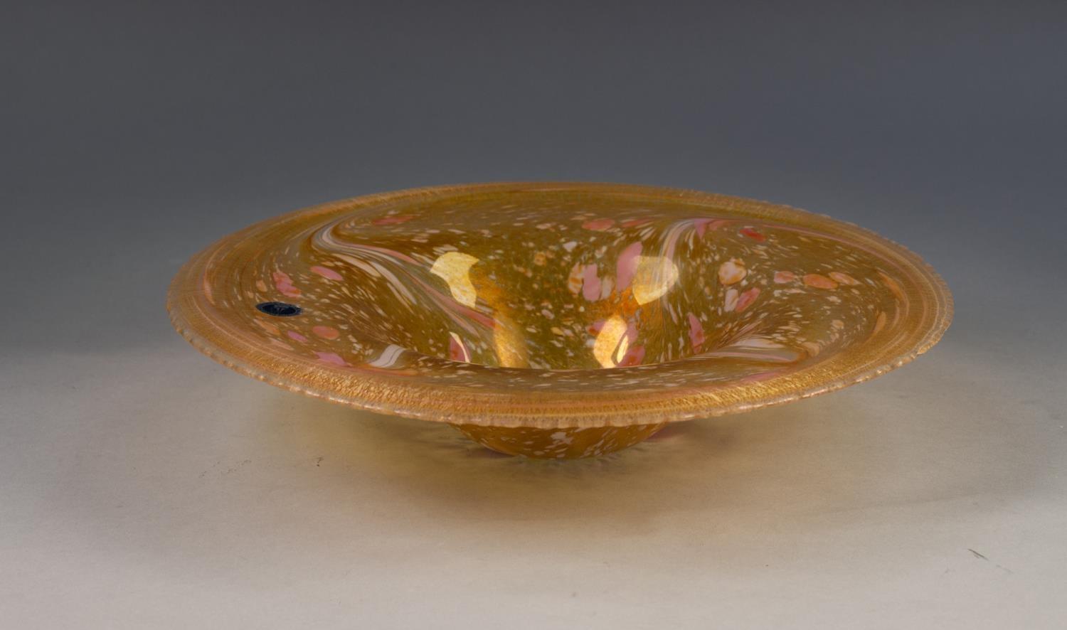 MIDSUMMER IRIDESCENT GLASS BOWL, of shallow, flared form, speckled in white and pink on an amber - Image 2 of 2