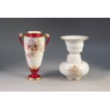 MINTONS HAND PAINTED TWO HANDLED CHINA VASE, of tapering form with scroll handles and circul