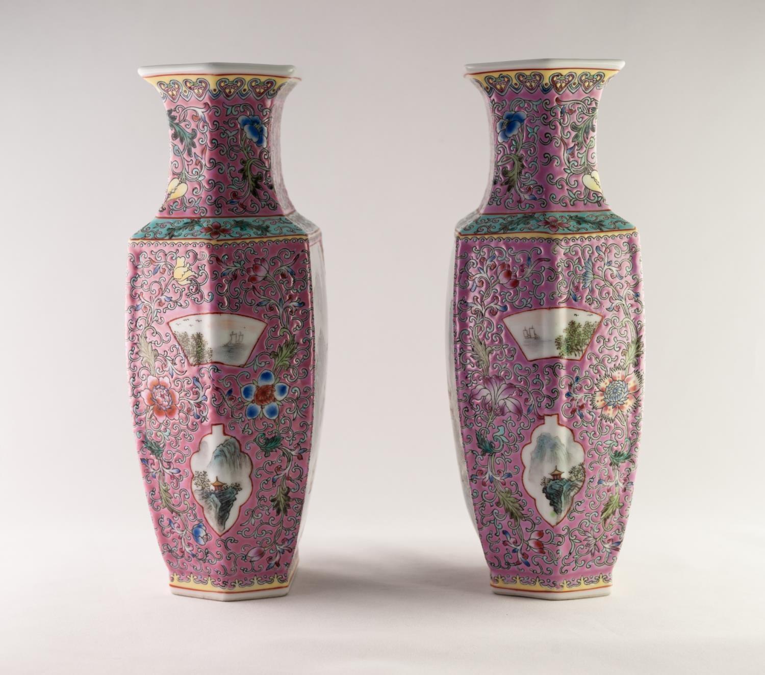 A PAIR OF MODERN CHINESE PORCELAIN VASES of feathered hexagonal shouldered ovoid form, well - Image 4 of 5