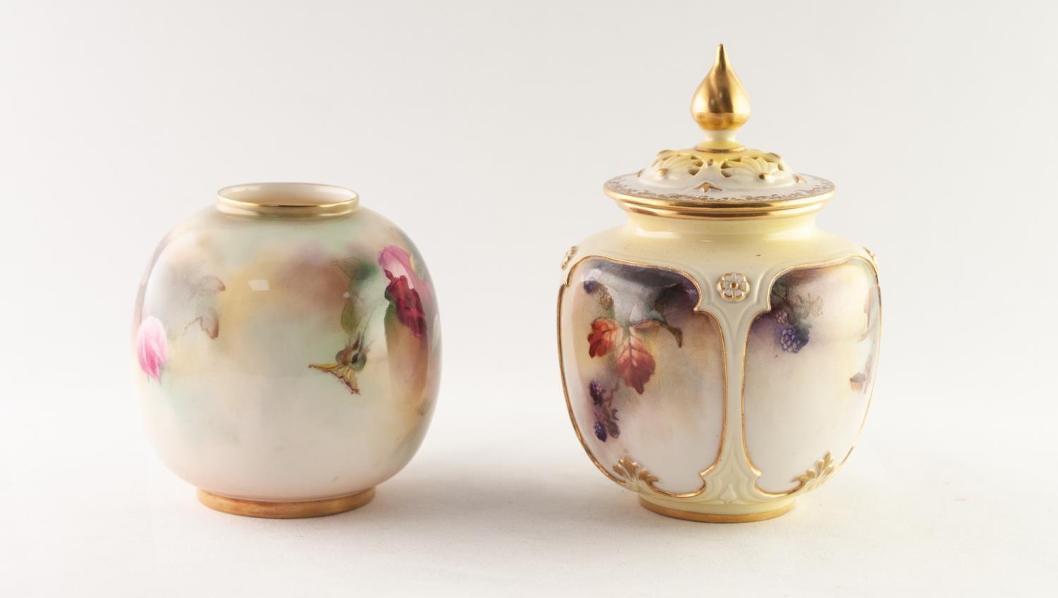 ROYAL WORCESTER ?HADLEY WARE? HAND PAINTED PORCELAIN POT POURRI VASE AND COVER, of footed ovoid form - Image 3 of 4