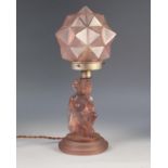ART DECO PINK MOULDED GLASS FIGUARL TABLE LAMP AND SHADE, the column modelled as a kneeling semi