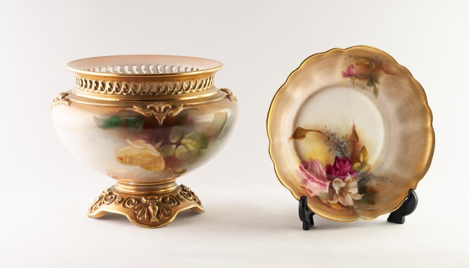 EARLY TWENTIETH CENTURY HAND PAINTED HADLEYS ROYAL WORCESTER BLUSH PORCELAIN BOWL, with pierced