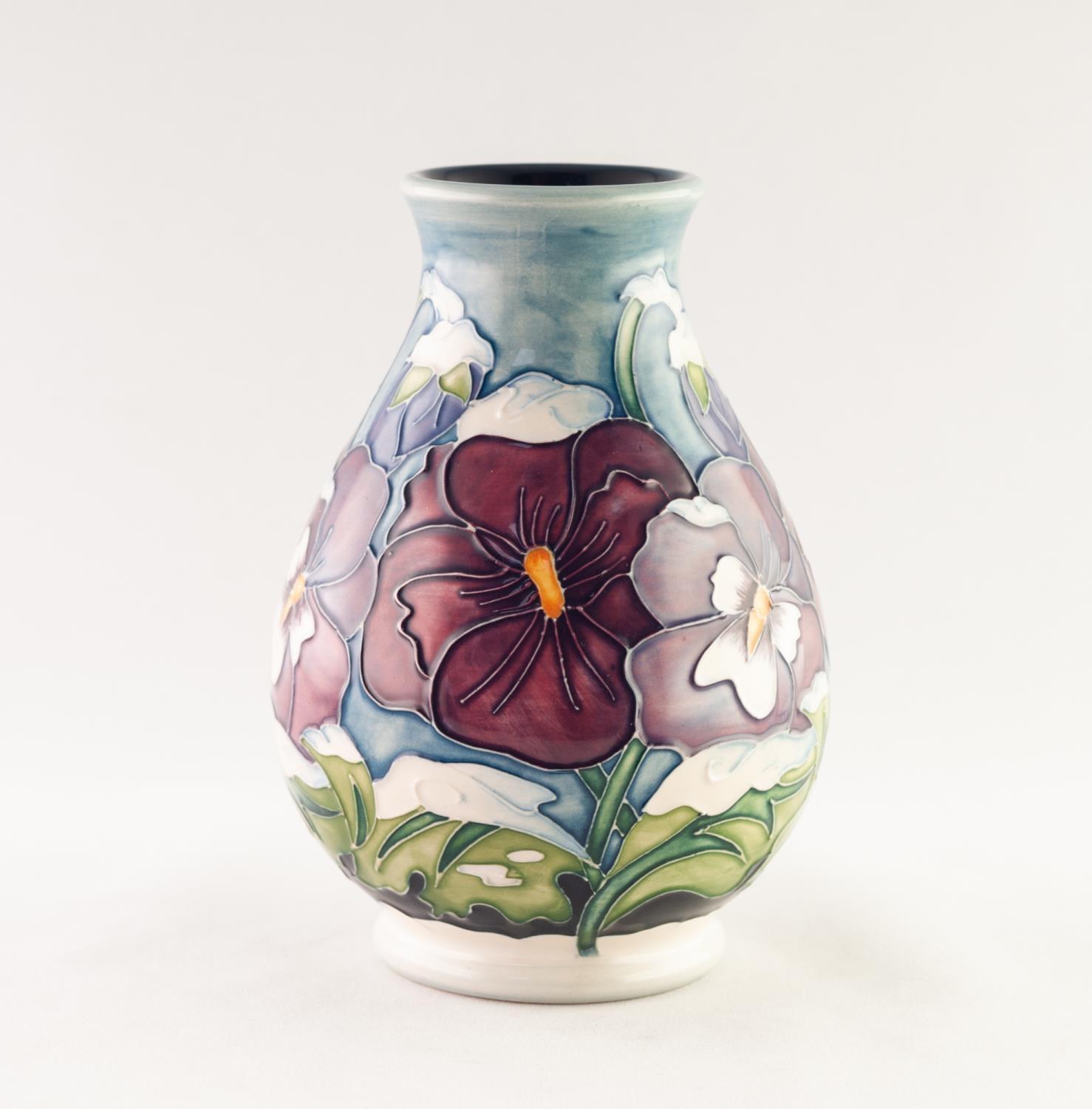 MODERN MOORCROFT ARTIST SIGNED ?CHRISTMAS PANSY? TUBE LINED POTTERY VASE, of footed baluster form, - Image 2 of 5