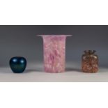 THREE PIECES OF MIDSUMMER GLASS, comprising: PINK AND WHITE SPECKLED SLEEVE VASE WITH FLAT RIM, 6 ¾?