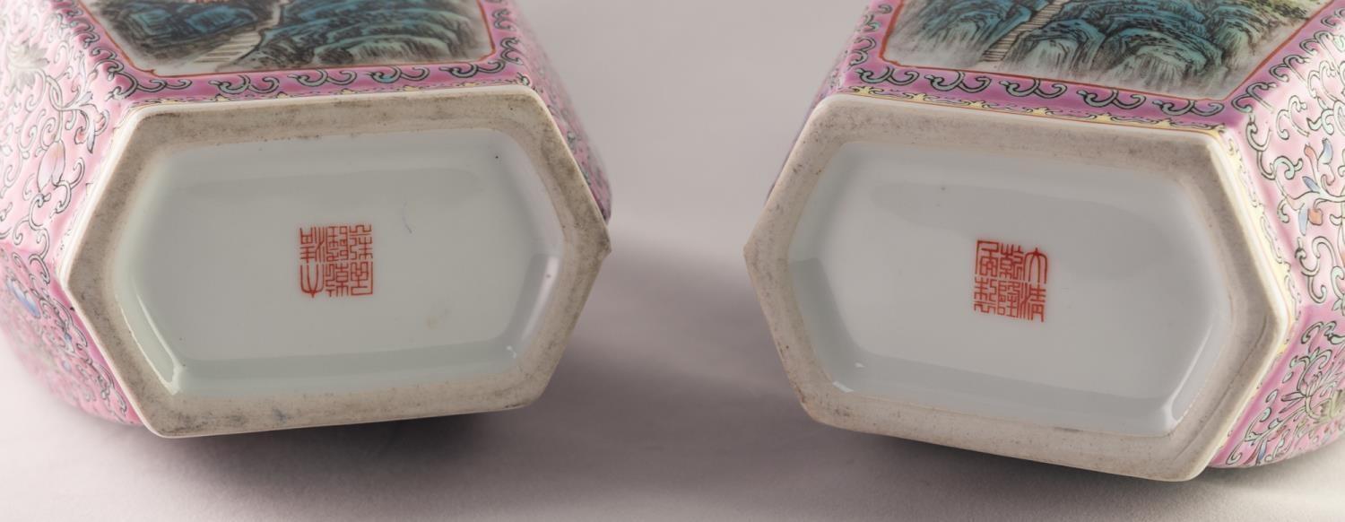 A PAIR OF MODERN CHINESE PORCELAIN VASES of feathered hexagonal shouldered ovoid form, well - Image 5 of 5