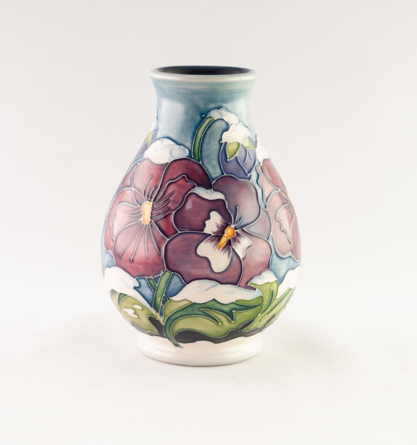 MODERN MOORCROFT ARTIST SIGNED ?CHRISTMAS PANSY? TUBE LINED POTTERY VASE, of footed baluster form, - Image 3 of 5