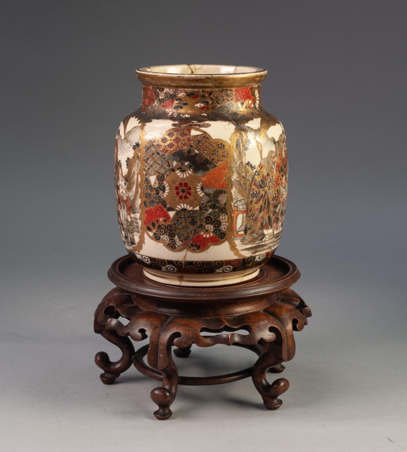 MEIJI PERIOD JAPANESE SATSUMA WARE OVULAR VASE intricately painted and gilded in two large