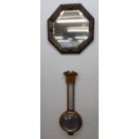 A WALL MIRROR IN OAK OCTAGONAL FRAME AND A MODERN BANJO BAROMETER AND THERMOMETER
