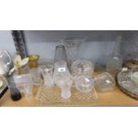 CUT GLASS VASES, CUT GLASS DRESSING TABLE TRAY, A CUT GLASS ELECTRIC TABLE LAMP AND VARIOUS OTHER