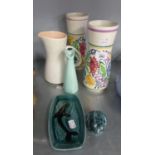 PAIR OF TRADITIONALLY PAINTED POOLE POTTERY VASES AND FOUR OTHER PIECES OF POOLE POTTERY (6)