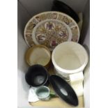 *LARGE QUANTITY OF JIGSAW PUZZLES, THREE WEDGWOOD BLACK POTTERY VASES, SPODE PLATE, OTHER POTTERY