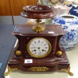 20TH CENTURY POSSIBLY FRENCH RED MARBLE AND GILT MANTLE CLOCK, HAVING WHITE DIAL WITH BLACK ROMAN