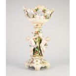 IMPRESSIVE GERMAN MOULDED, PIERCED AND FLORAL ENCRUSTED PORCELAIN FIGURAL TABLE CENTRE FRUIT BOWL,