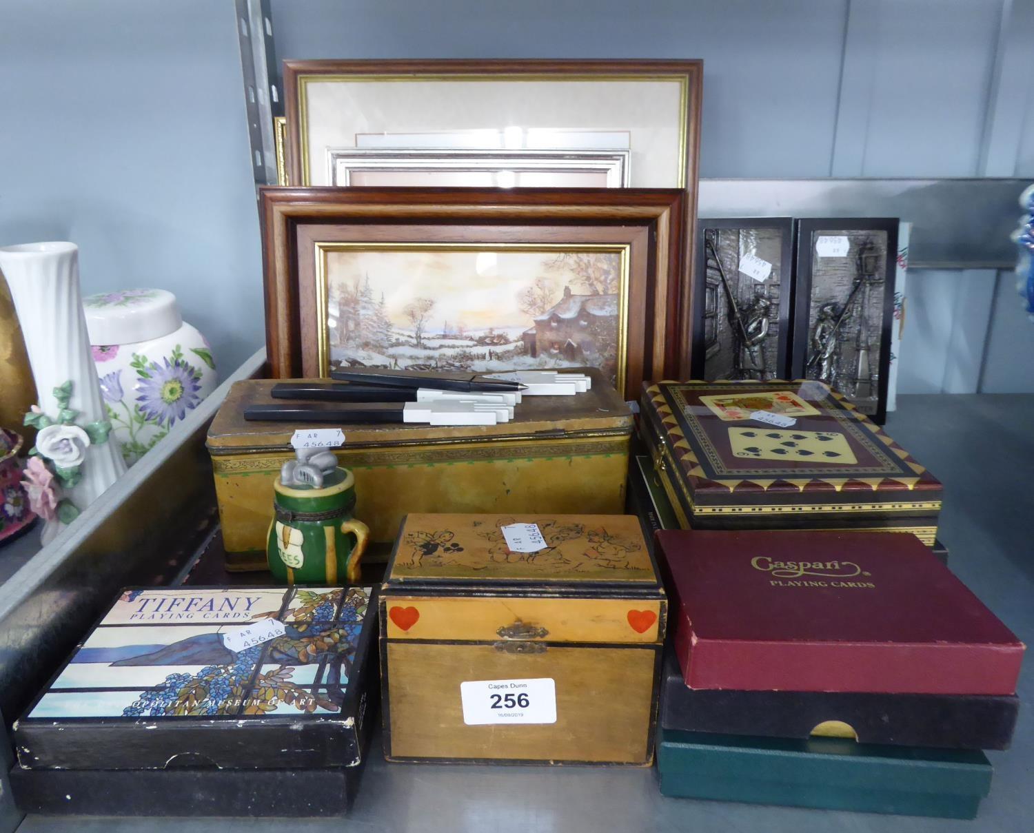 MIXED LOT TO INCLUDE; INLAID CARD BOX WITH TWO SETS OF CARDS, POTTERY MODEL OF A GOLF BAG WITH LID