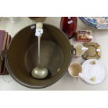 BRASS PRESERVE PAN WITH HANDLE, LADLE, SODA SYPHON, TWO BRASS ASHTRAYS, TWO COMMEMORATIVE CUPS AND A