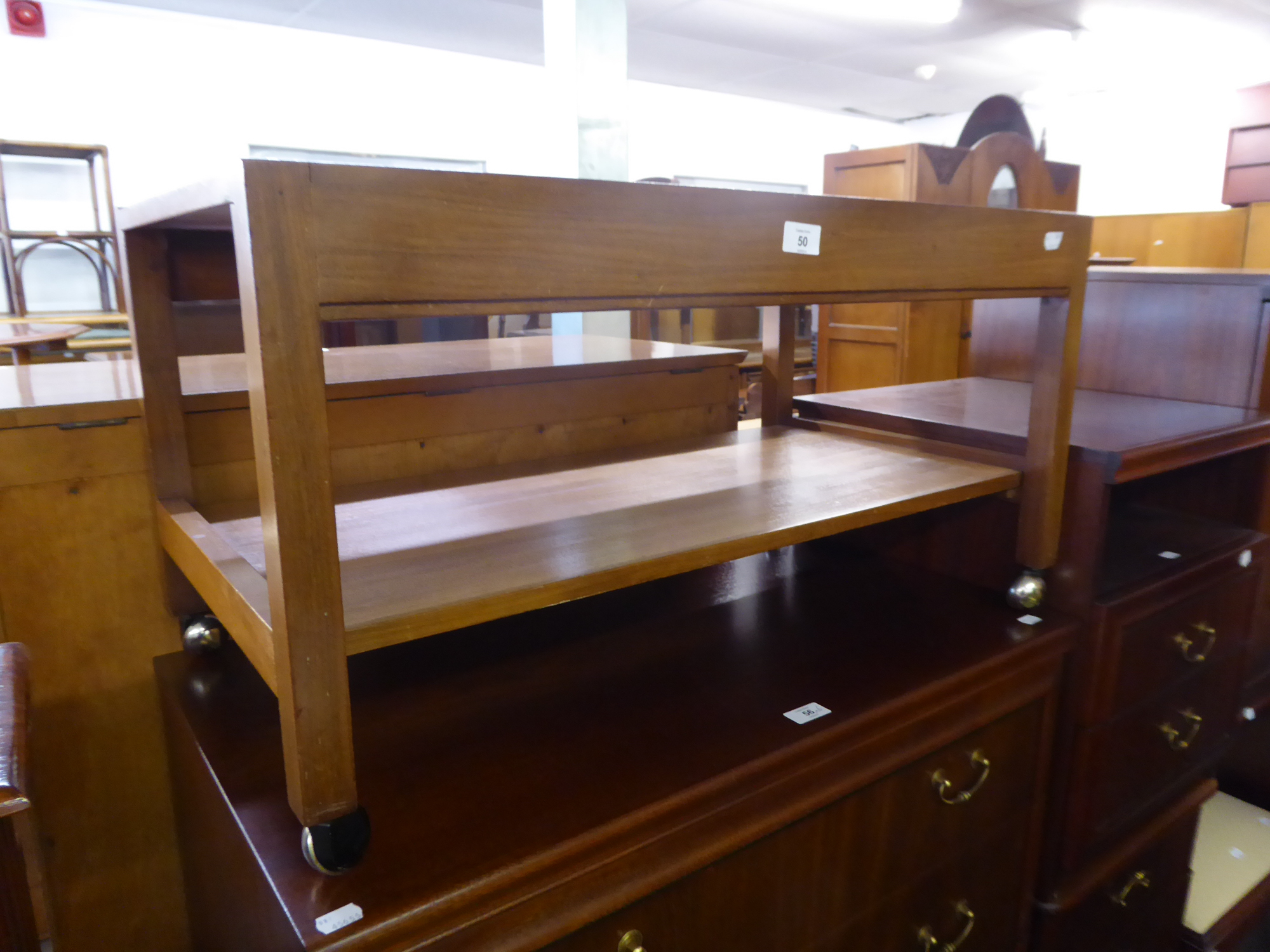 1960's TEAK TWO TIER OBLONG COFFEE TABLE, ON CASTORS