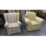 A MODERN ARMCHAIR, COVERED IN STRIPED MATERIAL AND ANOTHER MODERN ARMCHAIR IN LEMON COLOURED