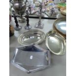 SIX PIECES OF ELECTROPLATE, WHITE METAL WARES TO INCLUDE, CANDLE STANDS, THREE SWING HANDLE DISHES
