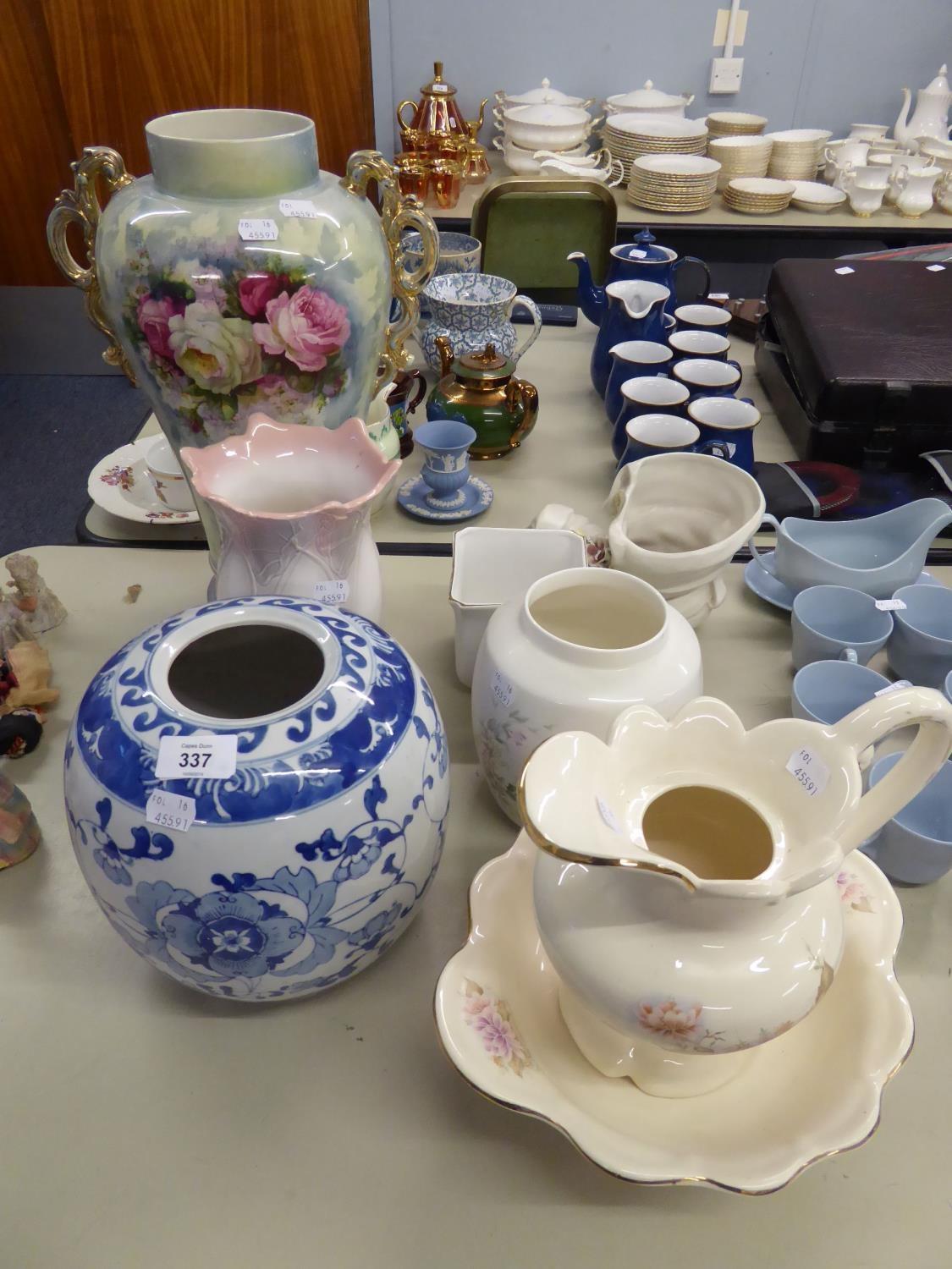 LARGE CERAMIC TWO HANDLED VASE WITH FLORAL DECORATION, BLUE AND WHITE VASE, TOILET BOWL AND JUG - Image 2 of 2