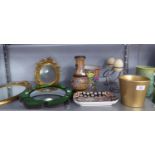 FOUR WALL MIRRORS, BRASS DRESSING TABLE MIRROR, BOWLS, TWO CANDLE HOLDERS, CARRIAGE CLOCK ETC....