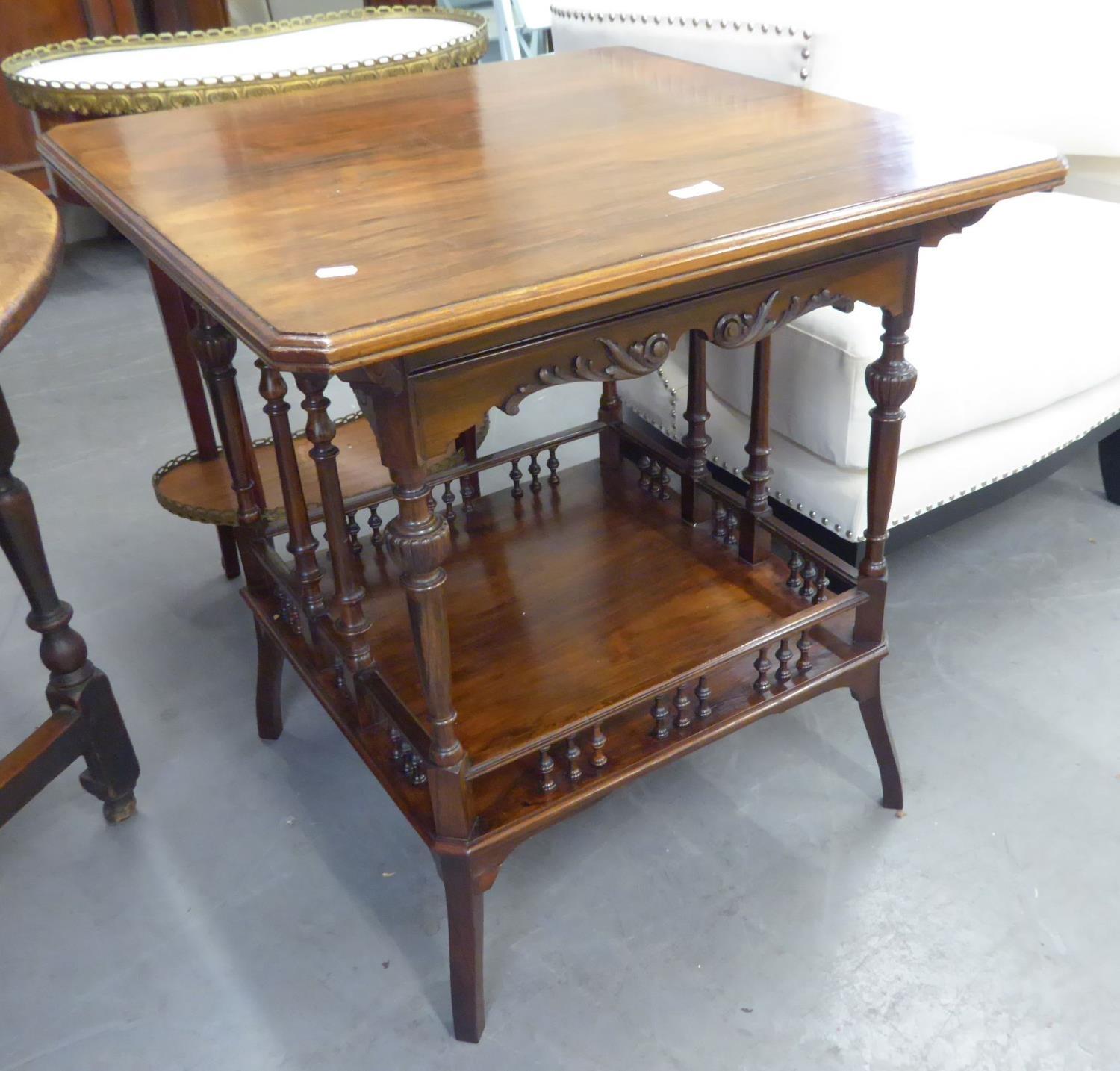 EDWARDIAN WALNUTWOOD TWO TIER OCCASIONAL TABLE, SOLID TOP WITH CHAMFERRED CORNERS, THE UNDERTIER - Image 2 of 2