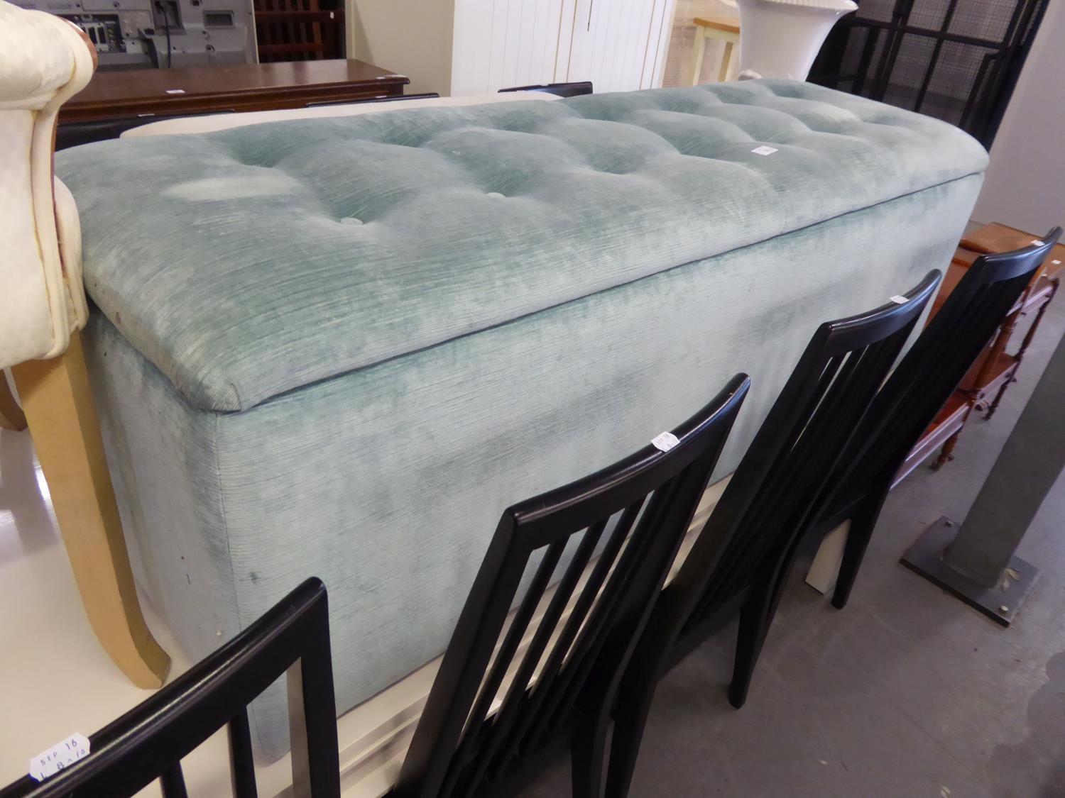 A LARGE FABRIC OTTOMAN BOX, IN DUCK EGG BLUE, A LARGE FABRIC FOOTSTOOL AND A DRESSING TABLE STOOL (