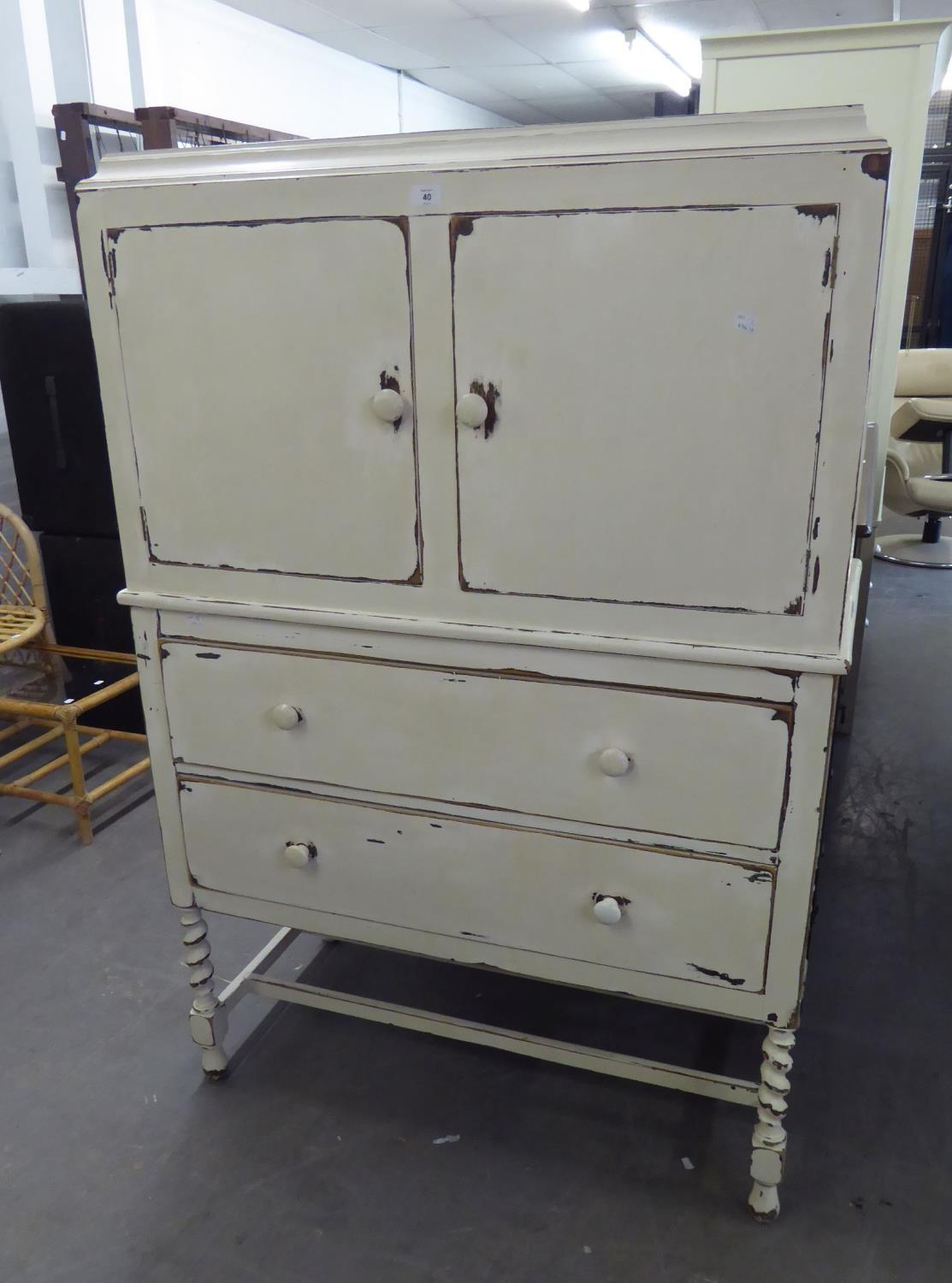 AN OAK CUPBOARD ON CHEST HAVING SPIRAL LEGS, PAINTED AND DISTRESSED - Image 2 of 2