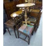 A SET OF THREE OAK DINING CHAIRS, A TRIPOD WINE TABLE, AND AN OAK SEWING TABLE (3)