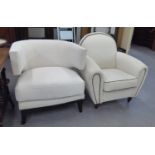 TWO MODERN ARMCHAIRS, BOTH COVERED IN CREAM FABRIC AND STUDDED (2)