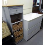 MODERN WHITE THREE DRAWER CHEST AND A GREY PAINTED NARROW TALL CHEST WITH WICKER DRAWERS (2)