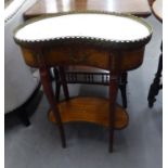 A TWENTIETH CENTURY FRENCH STYLE SMALL KIDNEY SHAPE TWO TIER TABLE WITH WHITE MARBLE