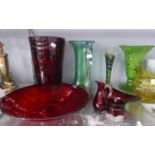 EIGHTEEN PIECES OF COLOURED GLASS, CRANBERRY GLASS, VASES, BOWLS ETC...