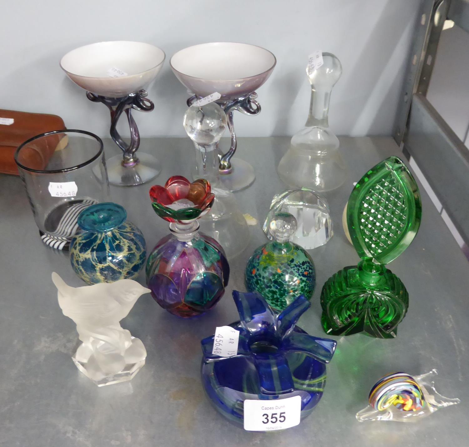 DECORATIVE GLASS ITEMS; 'NACHTMANN WREN' PAPERWEIGHTS, PERFUME BOTTLES, VASES ETC....