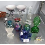 DECORATIVE GLASS ITEMS; 'NACHTMANN WREN' PAPERWEIGHTS, PERFUME BOTTLES, VASES ETC....