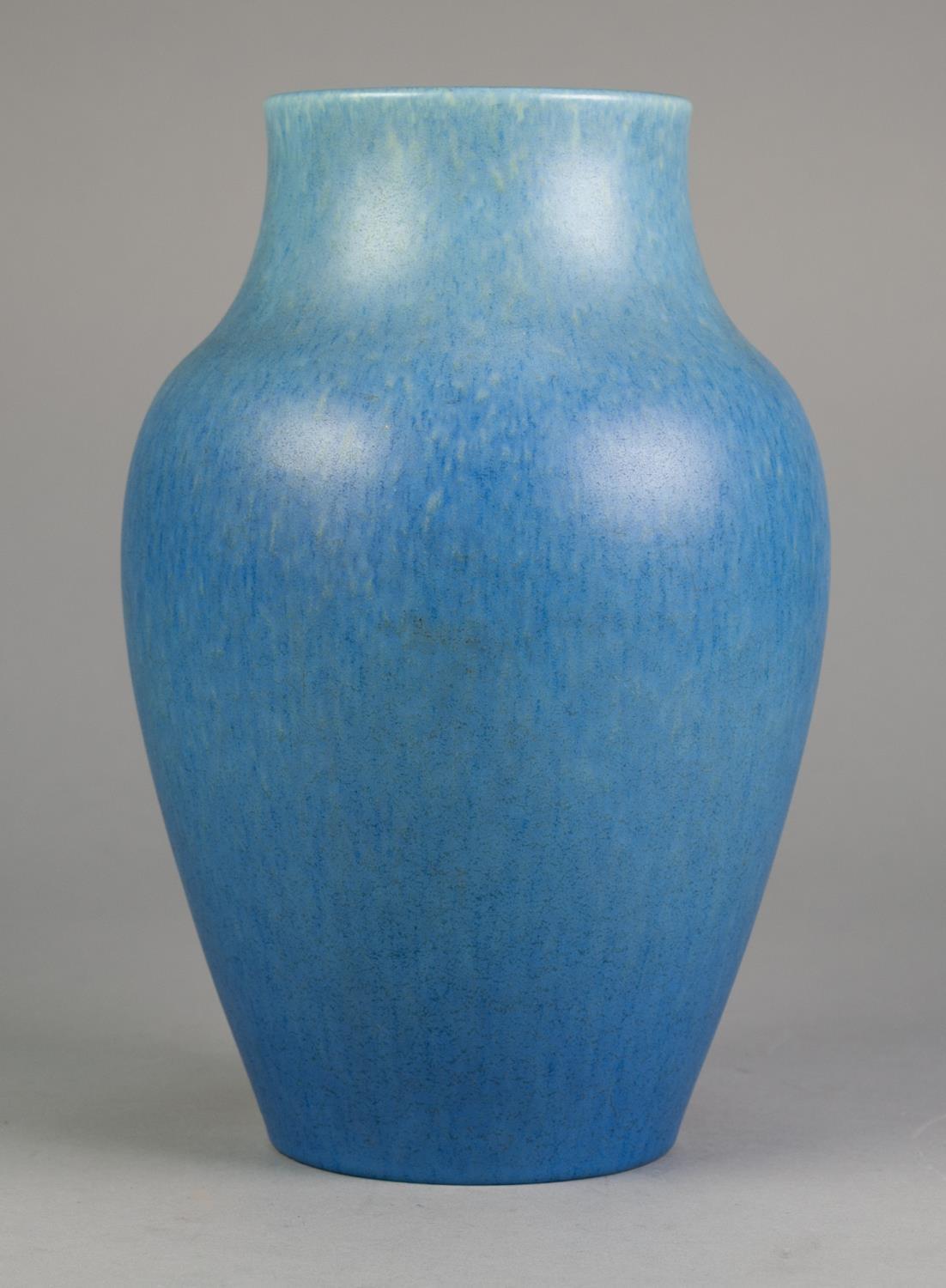 ROYAL LANCASTRIAN POTTERY VASE, of ovoid form, glazed in fading, mottled tones of blue, 10 ½? (26.