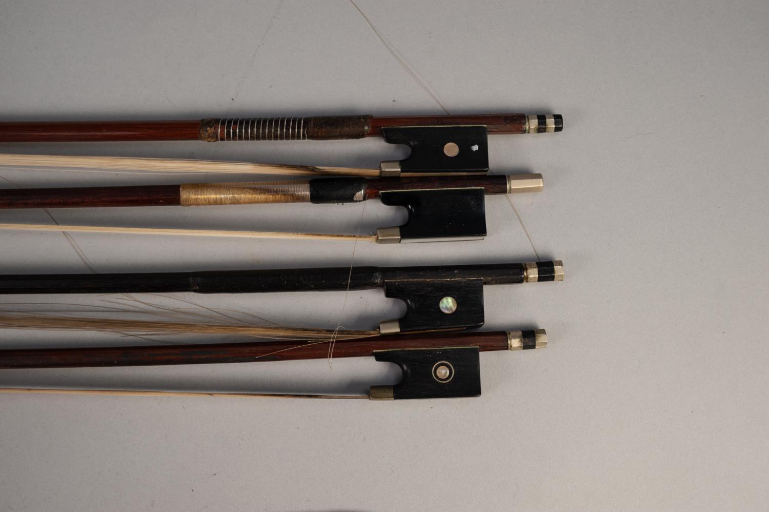 VIOLIN BOW STAMPED TECHLER with wire bound stick and THREE OTHER BOWS, one stamped Homa - Image 2 of 3