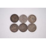 THREE VICTORIA SILVER CROWN COINS 1845 all showing wear and THREE OTHER VICTORIAN SILVER CROWNS