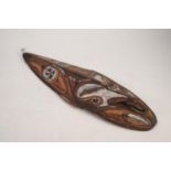 20th CENTURY MAORI CARVED AND PAINTED WOODEN FACE MASK, 23 1/4" (59cm) long
