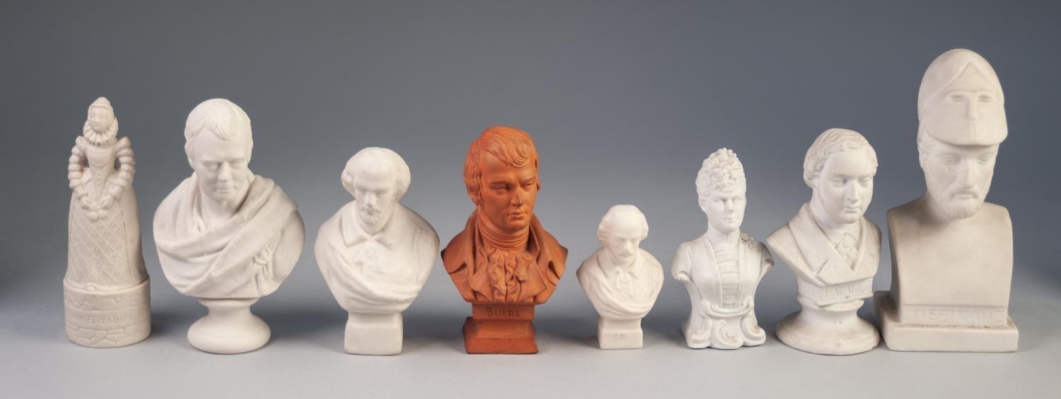 19th CENTURY TERRACOTTA BUST OF ROBERT BURNS on waisted square plinth, 4 3/4" (12cm) high and