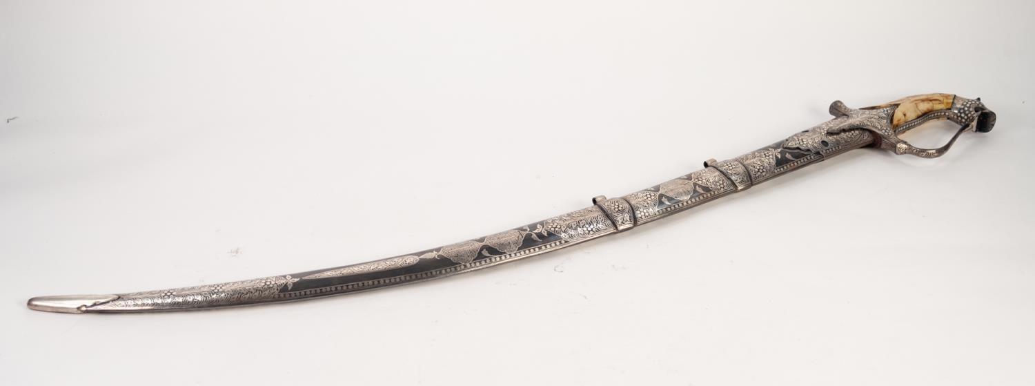 GOOD 20th CENTURY COPY OF AN INDIAN SHAMSHIR with curved blade, the hilt with inlet sectional bone