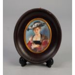 AFTER RUBENS PORTRAIT MINIATURE 'Le Chapeau de Paille' oval 3 1/2" x 2 1/2" in ebonised frame