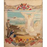 SILK WORK COMMEMORATIVE PICTURE "PEACE 1919" angel beside grave, soldier and sailor looking on,