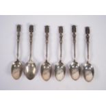 SET OF SIX FRENCH EARLY 20th CENTURY GOTHIC PATTERN SILVER COFFEE SPOONS, with town crest finial,