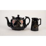 19th CENTURY JACKFIELD BLACK MOULDED POTTERY OVAL COMMEMORATIVE TEA POT JUBILEE 1887 with printed