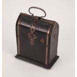 CIRCA 1900 BLACK MOROCCO VANITY CASE with front and back opening red and pleated silk lining, fitted