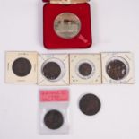 GEORGE III HALF PENNY, 1799 (VF - EF), TWO OTHERS, 1799 & 1807, a GEORGE III FARTHING, 1806, a QUEEN